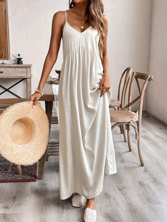 Ruched Spaghetti Strap Maxi Dress in Rayon Linen in Apricot