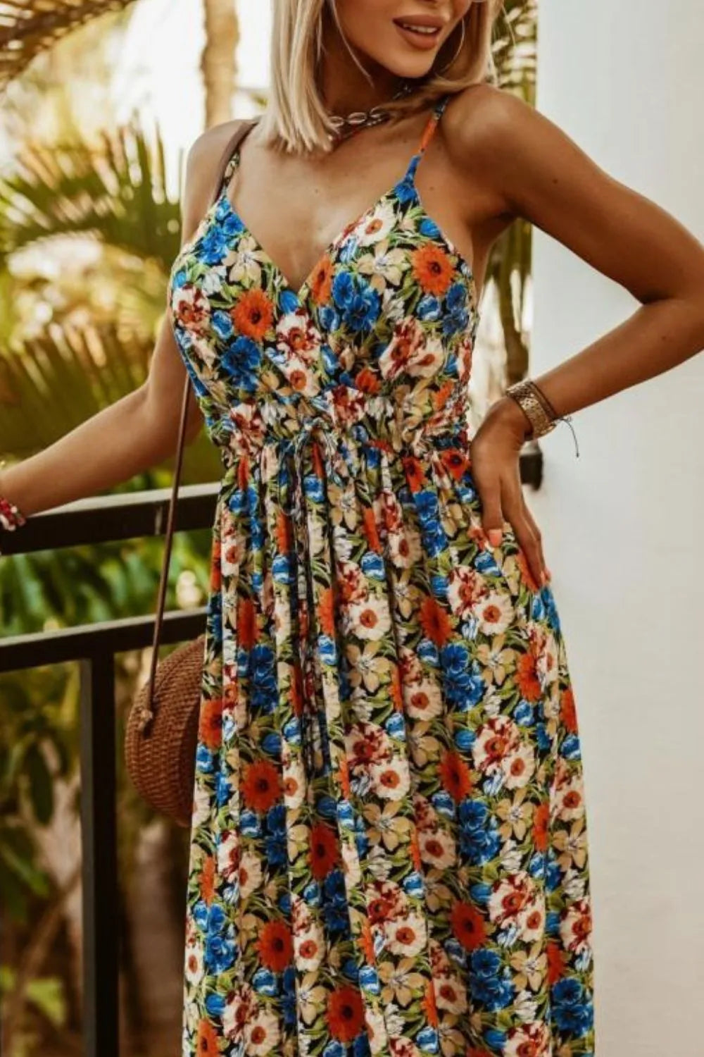 Printed Smocked Ruched Spaghetti Strap Maxi Dress in Blue Flower