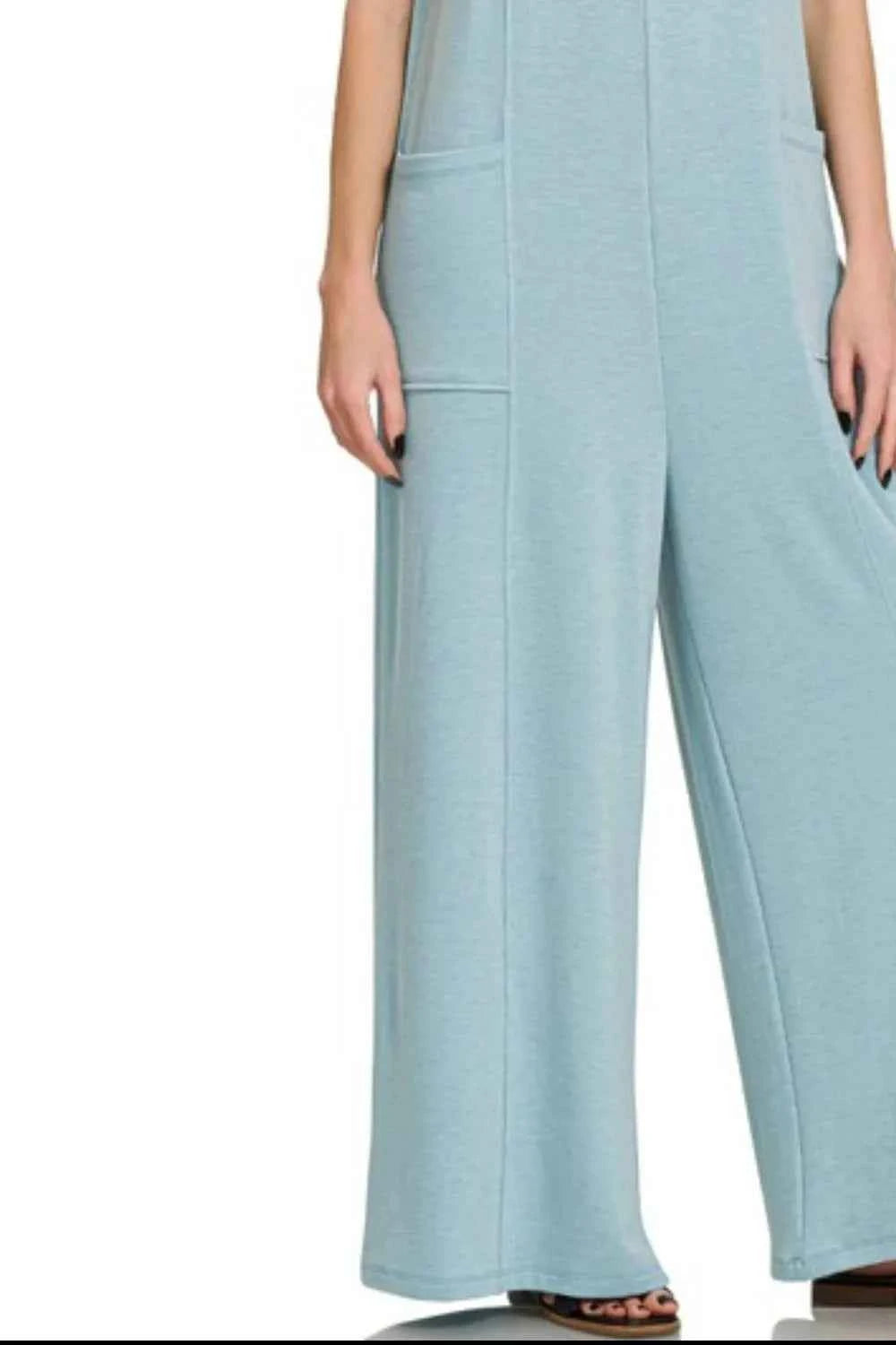 Zenana French Terry Deep V Neck Jumpsuits