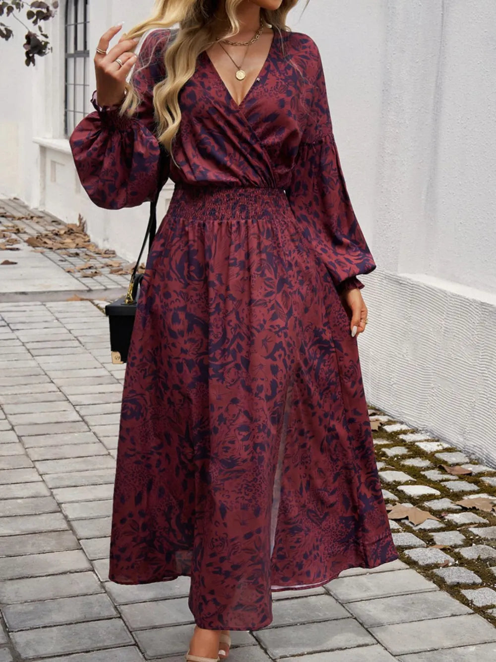 Printed Surplice Long Sleeve Midi Dress with Split Hem – photo 6