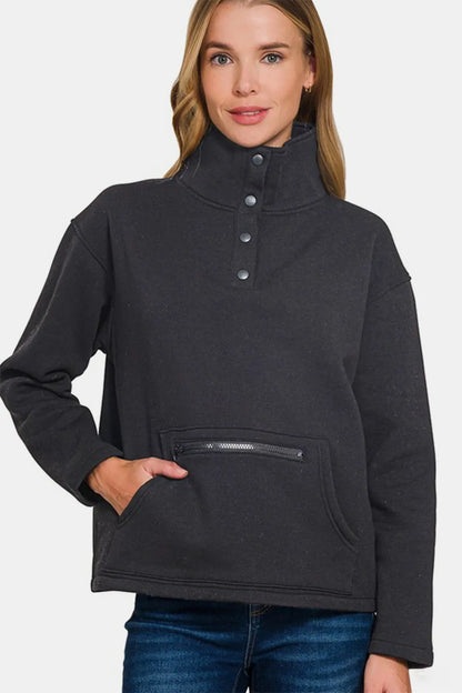 Turtleneck Half Snap Fleece Sweatshirt in Black — Livostyle