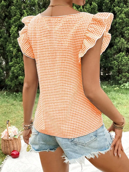 Gingham Ruffle Sleeve Square Neck Blouse – photo 9