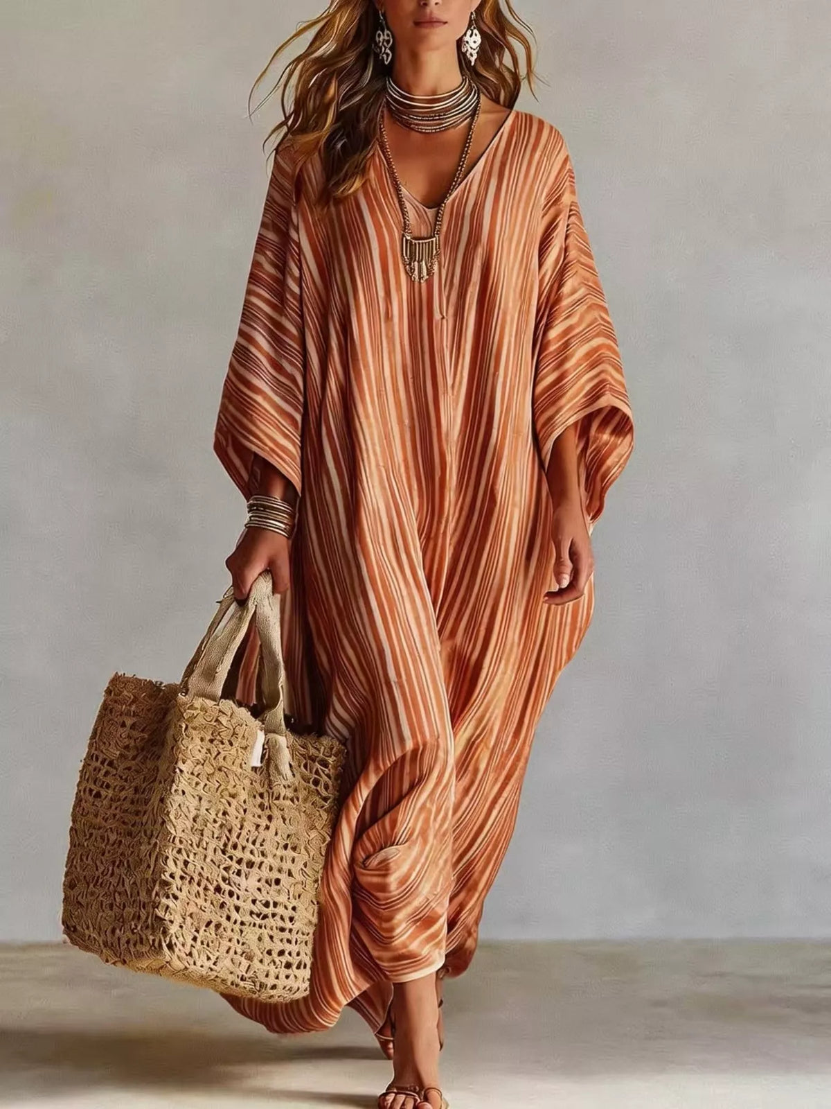 Striped V-Neck Oversized Maxi Dress in Sherbet