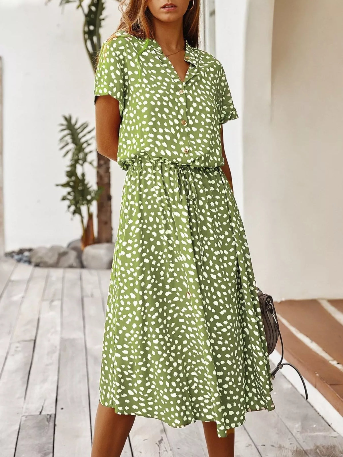 Animal Print Drawstring Waist Midi Dress in Lime