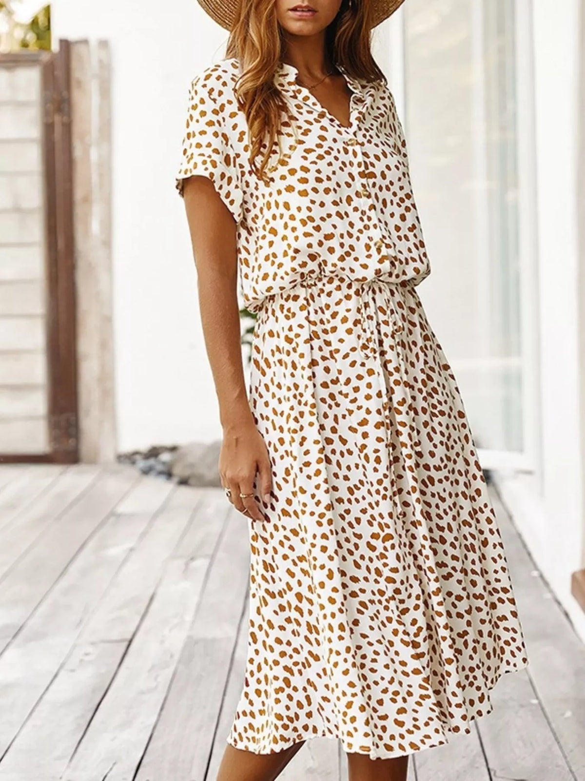 Animal Print Drawstring Waist Midi Dress