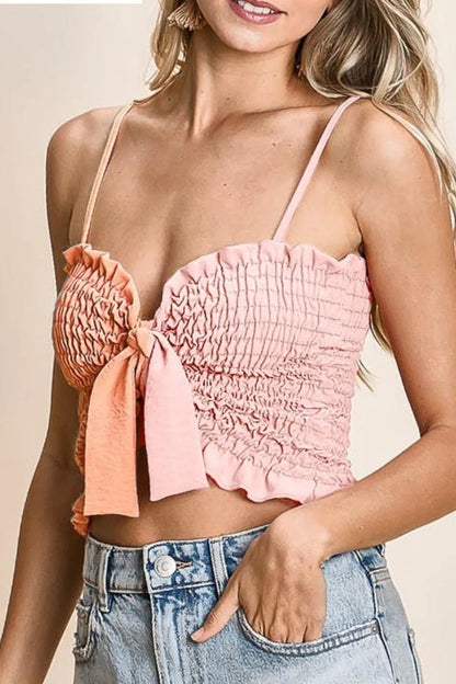 Trendy Color Block Smocked Bra Top with Ribbon Accents — Livostyle