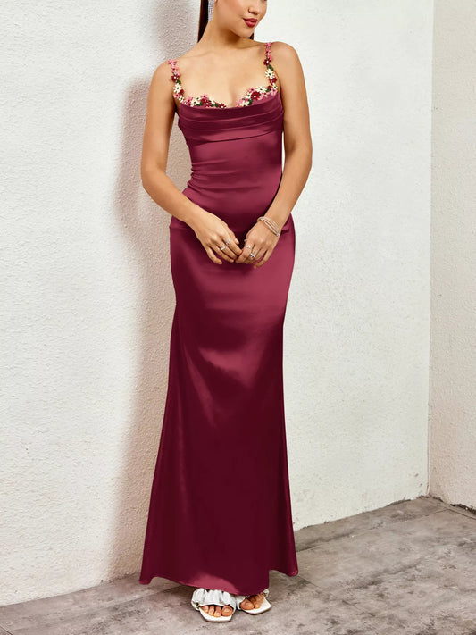 Embroidered Floral Trim Satin Maxi Dress in Wine Red