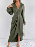 Satin Balloon Sleeve Midi Dress with Slit
