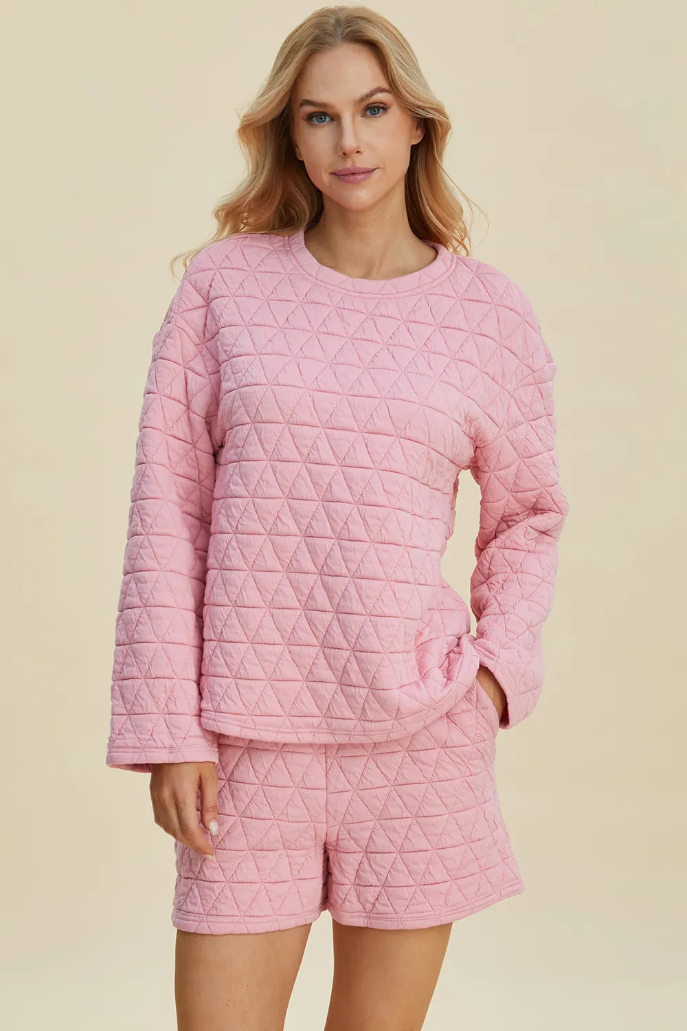 Texture Round Neck Long Sleeve Top and Shorts Set — Livostyle