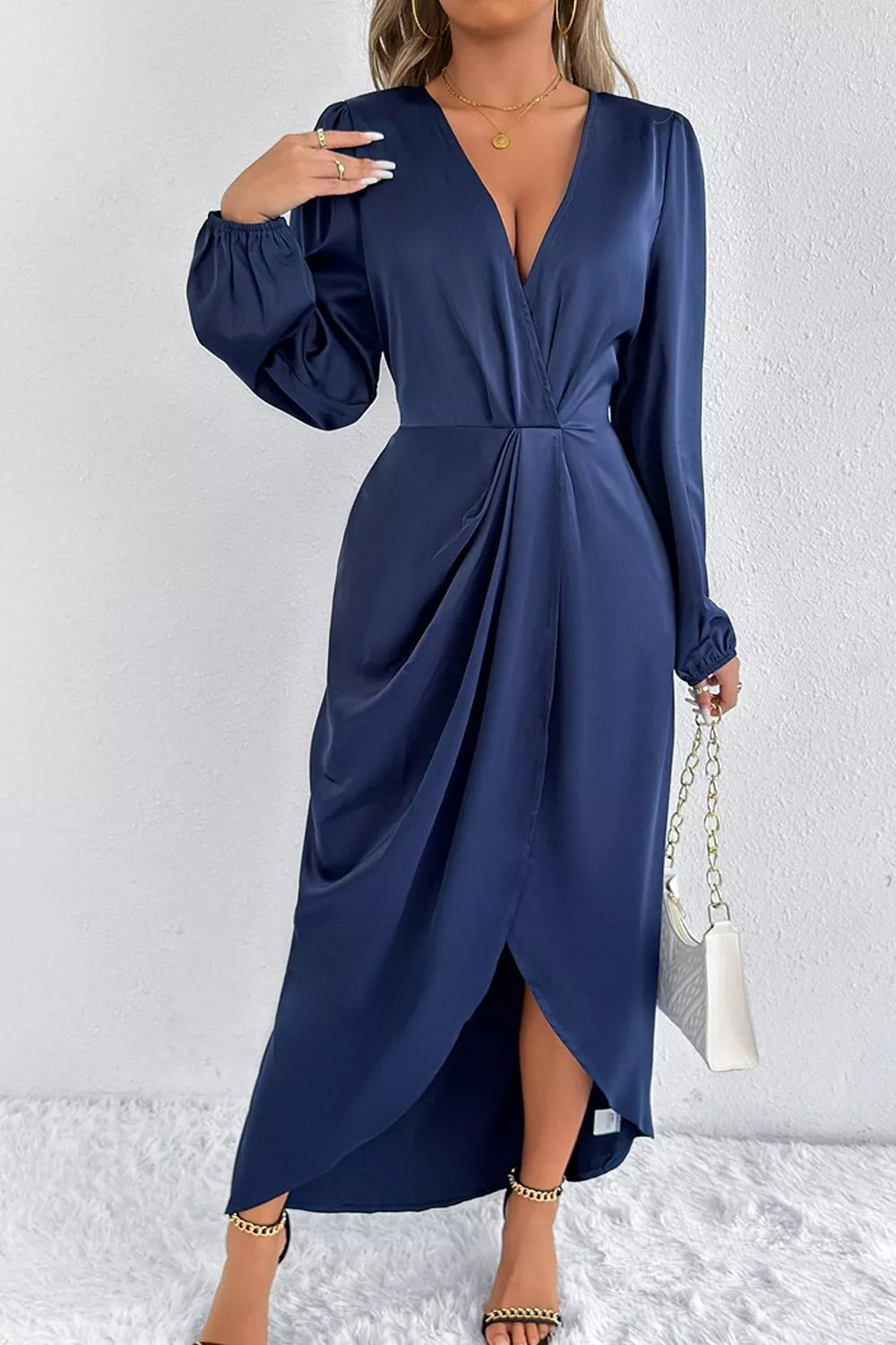 Satin Balloon Sleeve Midi Dress with Slit – photo 5