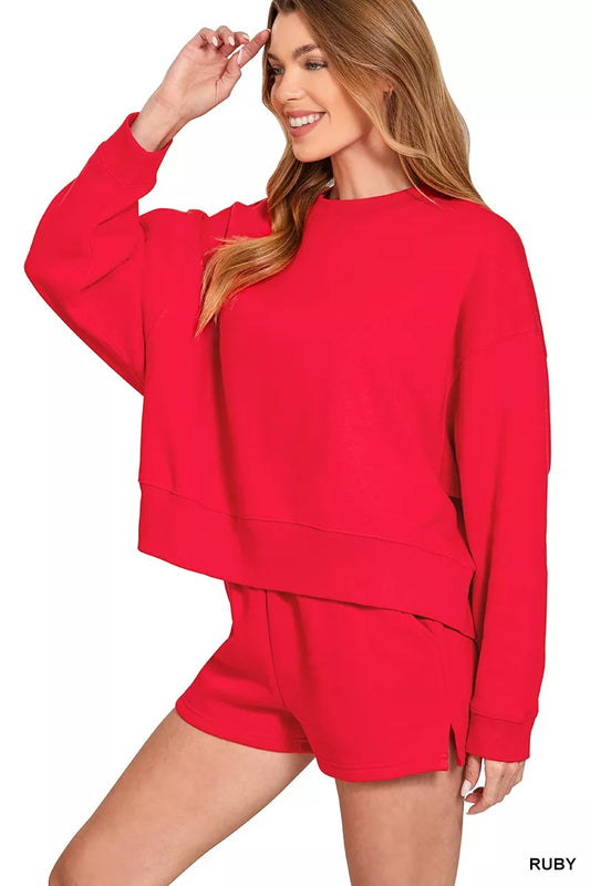 Fleece Round Neck Sweatshirt and Shorts Set in RUBY