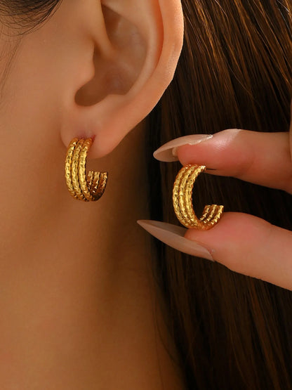 18K Gold-Plated Textured Triple Band Hoop Earrings — Livostyle