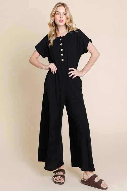 BOMBOM Rib Knit Jumpsuit with Button Detail