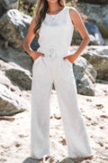 Solid Color Crew Neck Drawstring High Waist Sleeveless Jumpsuit — Livostyle