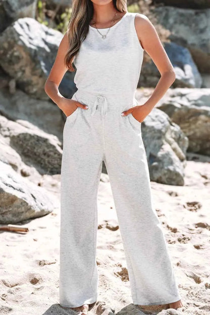 Solid Color Crew Neck Drawstring High Waist Sleeveless Jumpsuit — Livostyle