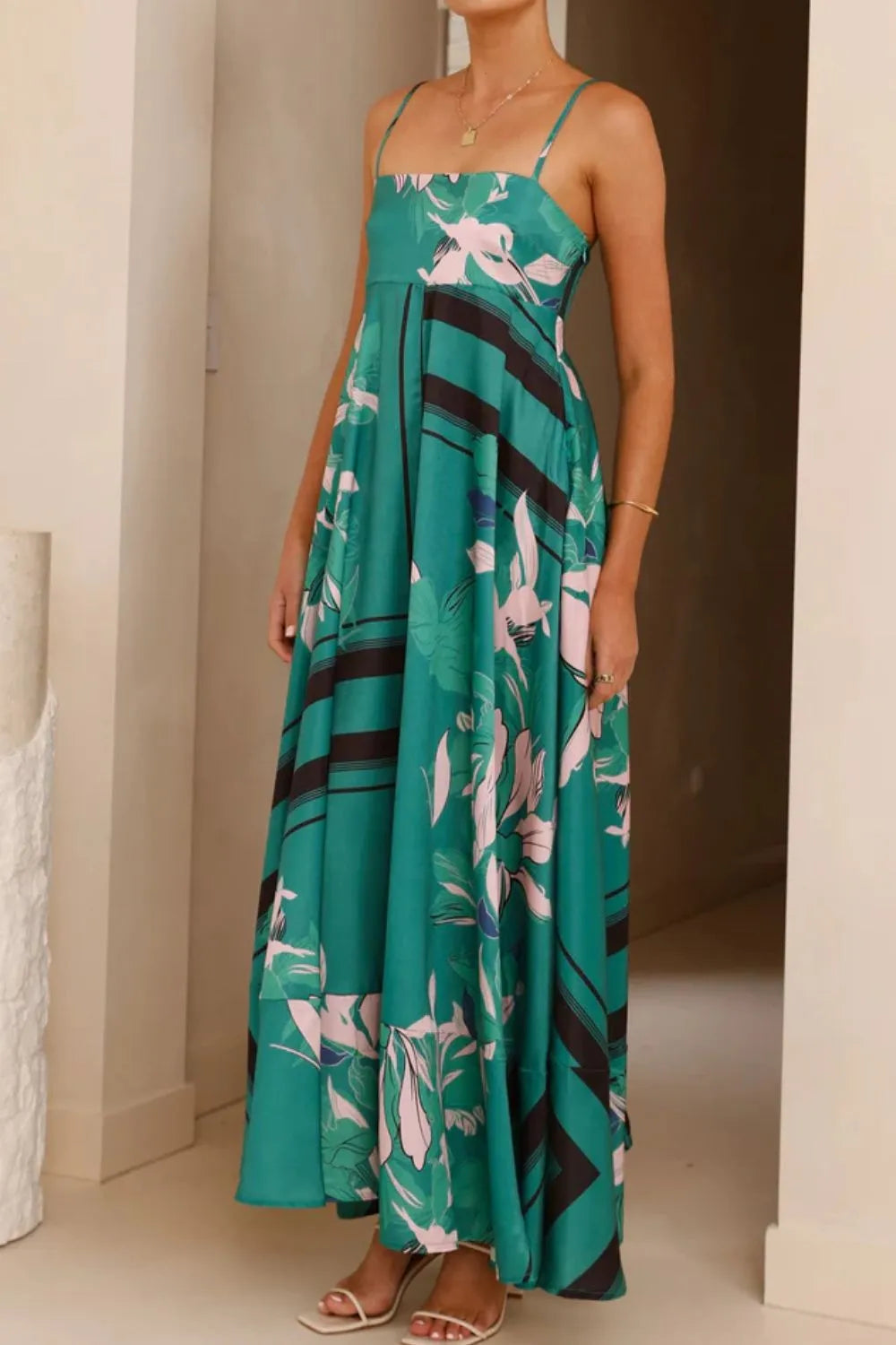 Printed Square Neck Cami Maxi Dress with Slit and Tie – photo 25