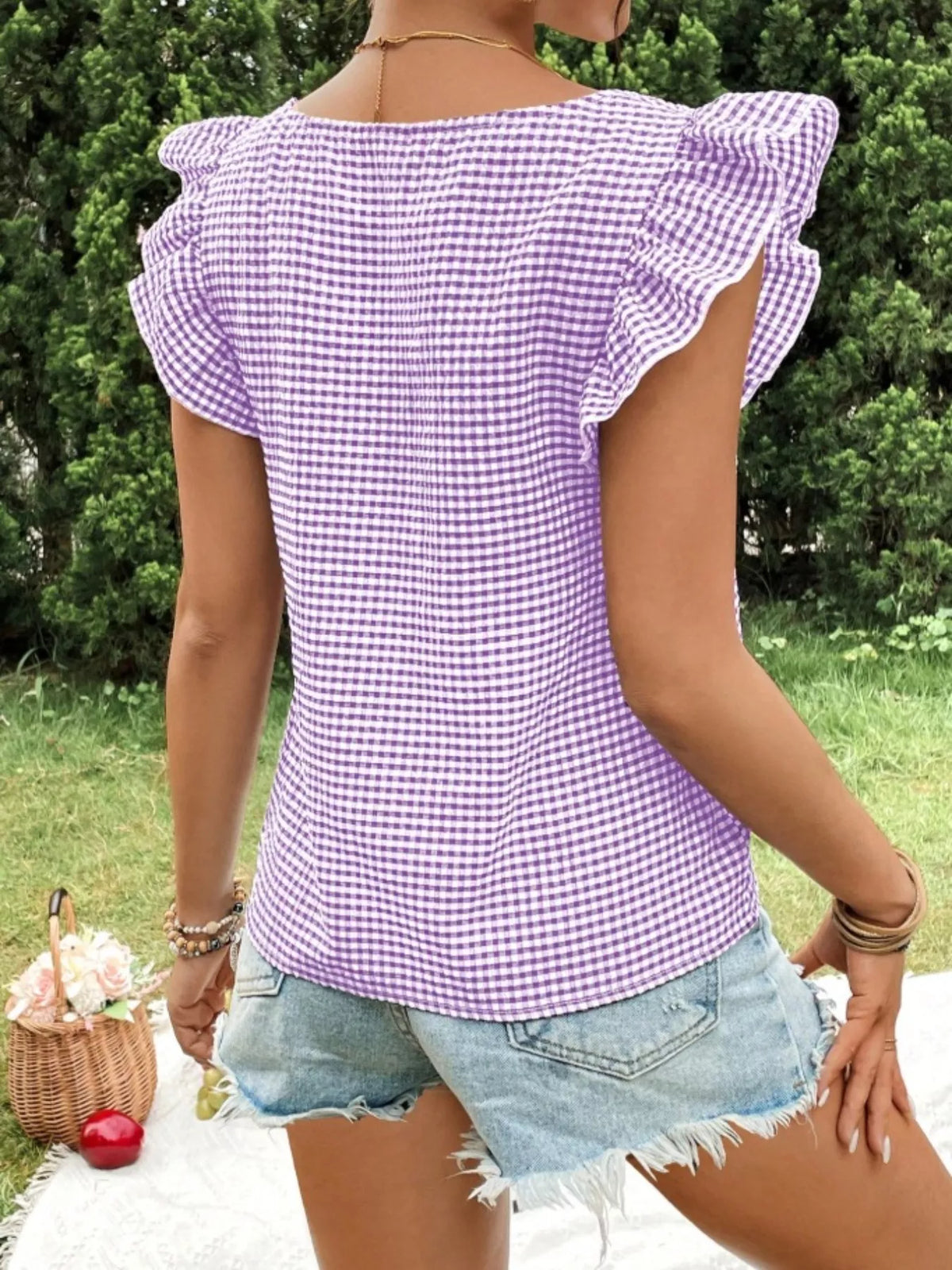 Gingham Ruffle Sleeve Square Neck Blouse – photo 16
