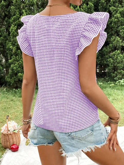 Gingham Ruffle Sleeve Square Neck Blouse – photo 16
