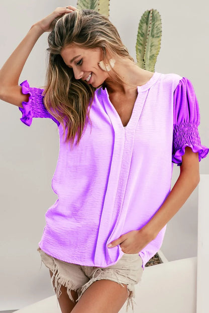 Chic V-neck Top with Color Block Design and Puff Sleeves — Livostyle