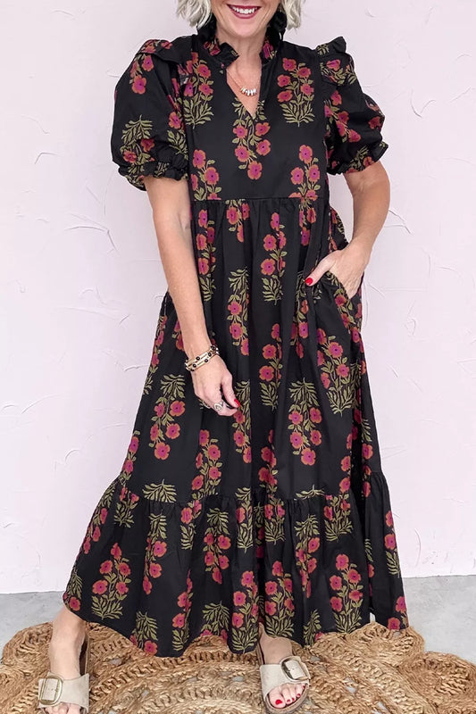 Floral Print Tiered Ruffle Maxi Dress in Cotton with Pockets in Black