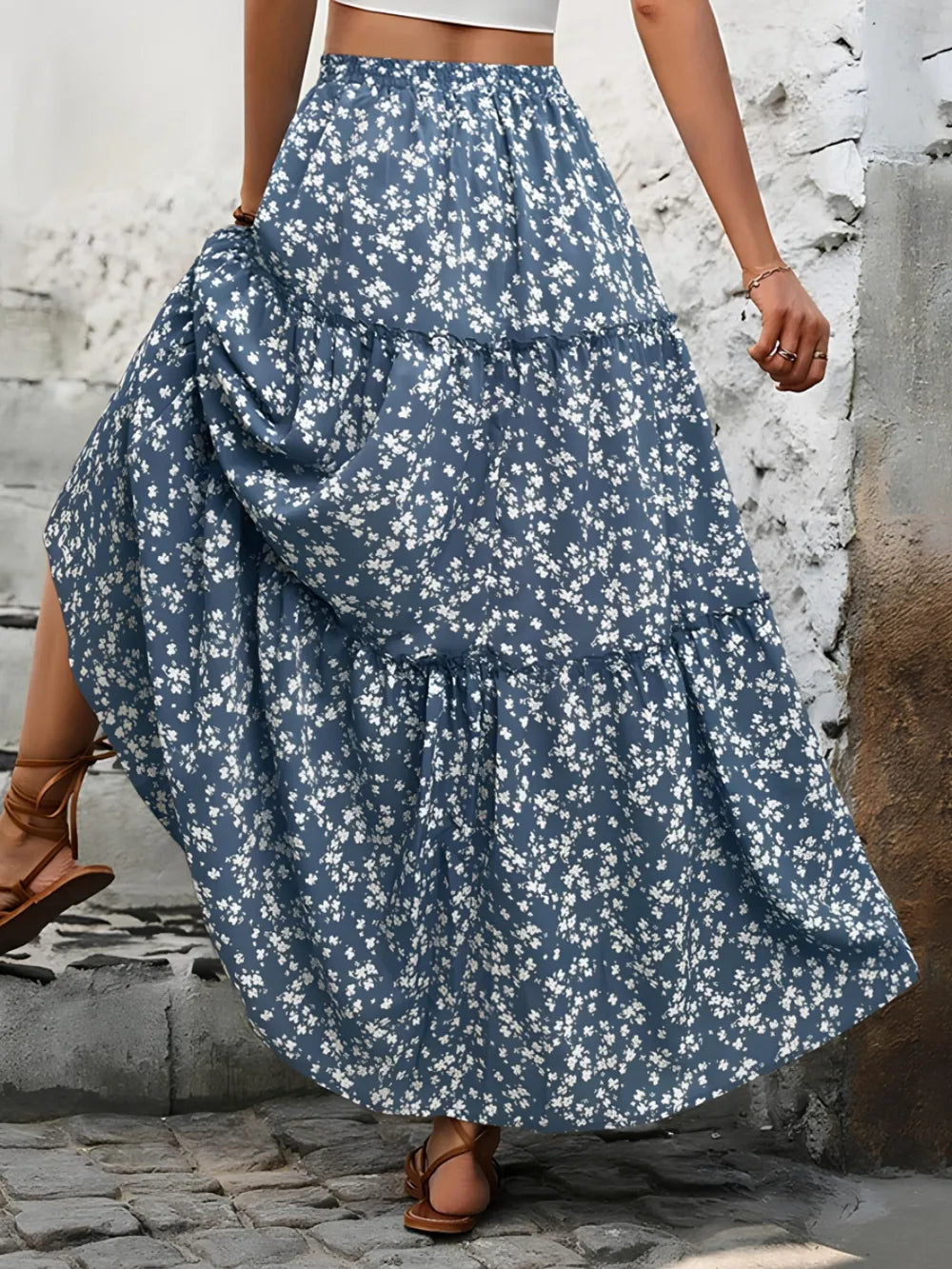 Tiered Floral Maxi Skirt back view — Livostyle