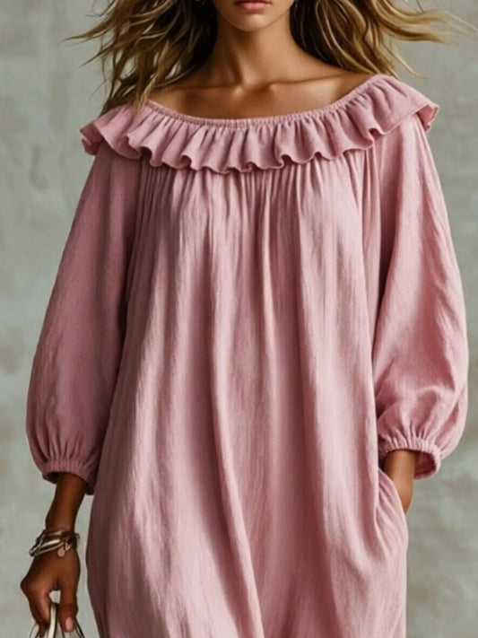 Ruffled Boat Neck Ruched Midi Dress