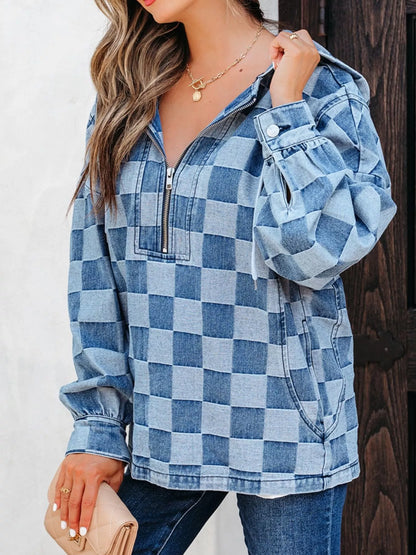 Checkered Half Zip Denim Hoodie Top back view — Livostyle