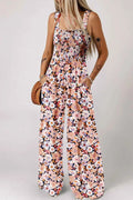 Floral Print Smocked High Waist Square Neck Jumpsuit in Dusty Pink