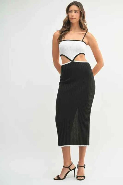Ribbed Knit Color Block Cutout Midi Dress — Livostyle