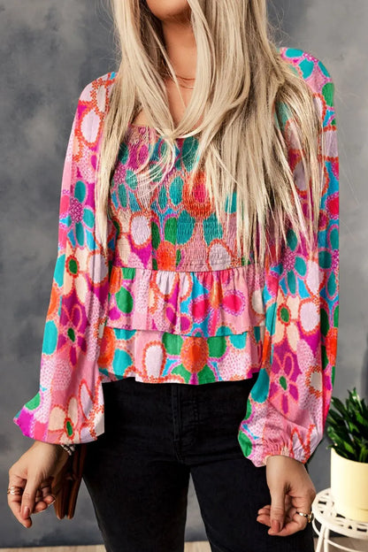 Elegant Floral Balloon Sleeve Blouse with Smocked Ruffles — Livostyle