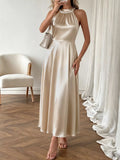 Pearl Halter Ruched Satin Midi Dress in Gold