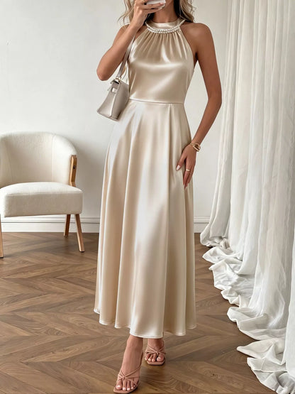 Pearl Halter Ruched Satin Midi Dress in Gold