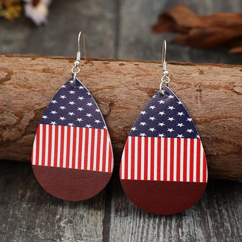 Stars and Stripes PU Leather Teardrop Earrings back view — Livostyle