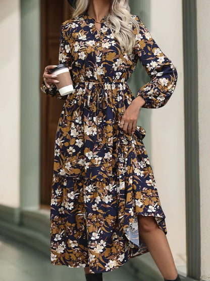 Printed Notched Long Sleeve Midi Dress with Tie – photo 3