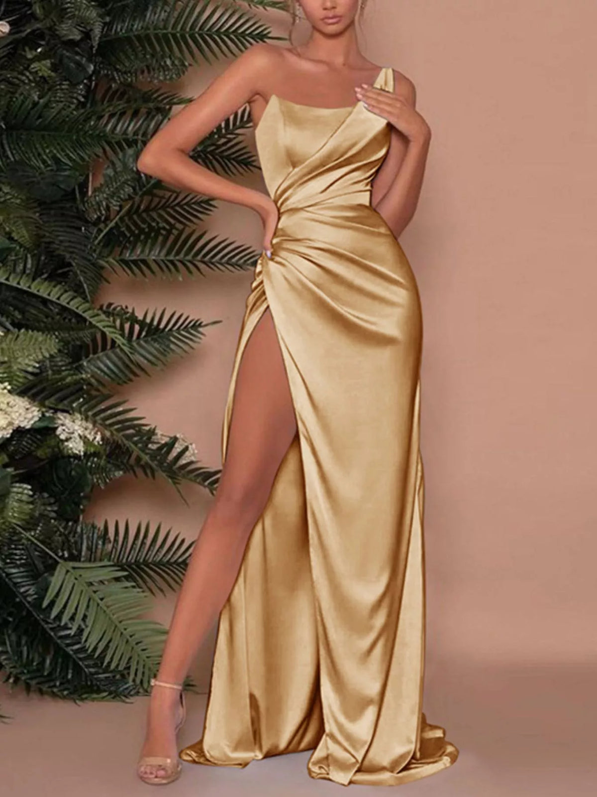 One-Shoulder Lined Satin Maxi Dress with High Slit in Gold