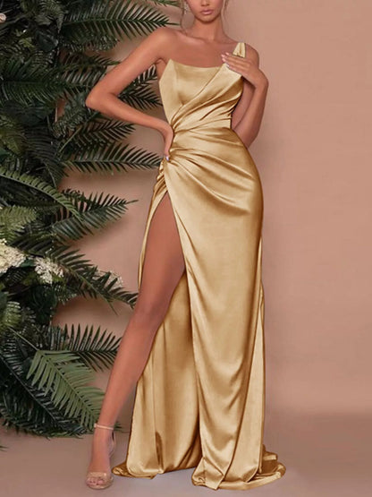 One-Shoulder Lined Satin Maxi Dress with High Slit in Gold