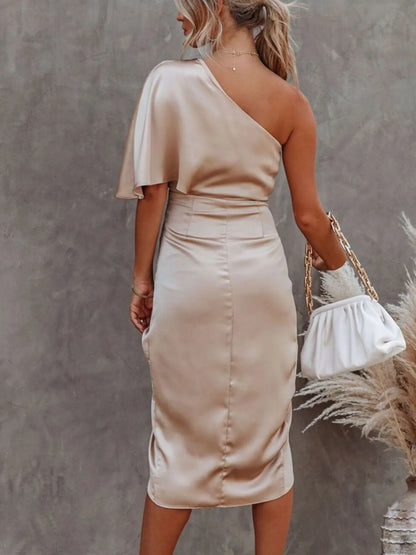 One-Shoulder Satin Wrap Dress with Side Slit – photo 2