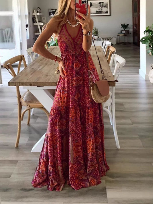 Printed Tiered V-Neck Maxi Dress in Deep Red