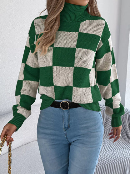Checkered Turtleneck Long Sleeve Sweater back view — Livostyle