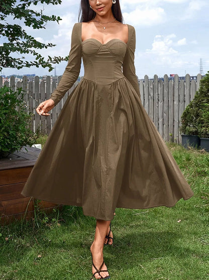 Sweetheart Neckline Long Sleeve A-Line Midi Dress – photo 10