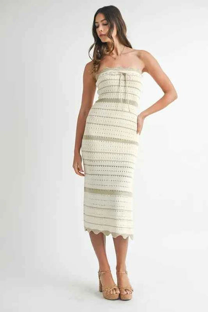 Contrast Striped Crochet Knit Midi Dress with Side Slit in Lt Taupe