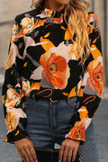 Elegant Floral Mock Neck Blouse with Flounce Sleeves — Livostyle