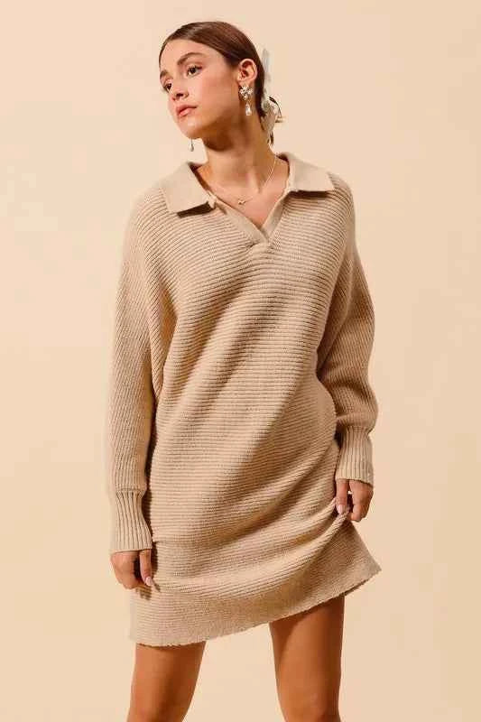 SO ME Ribbed Knit Collar Neck Dress
