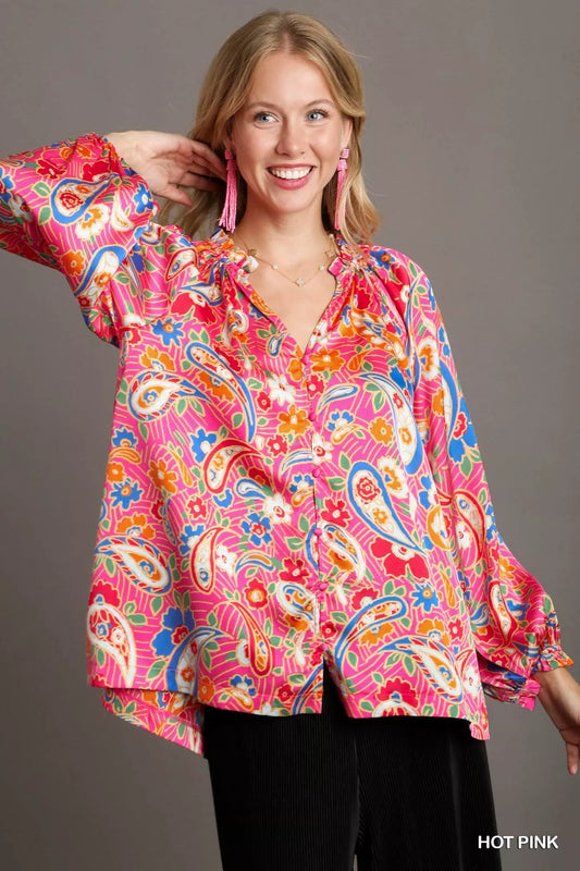 Full Size Satin Paisley Ruffle Neck Button-Up Shirt Plus Size — Livostyle