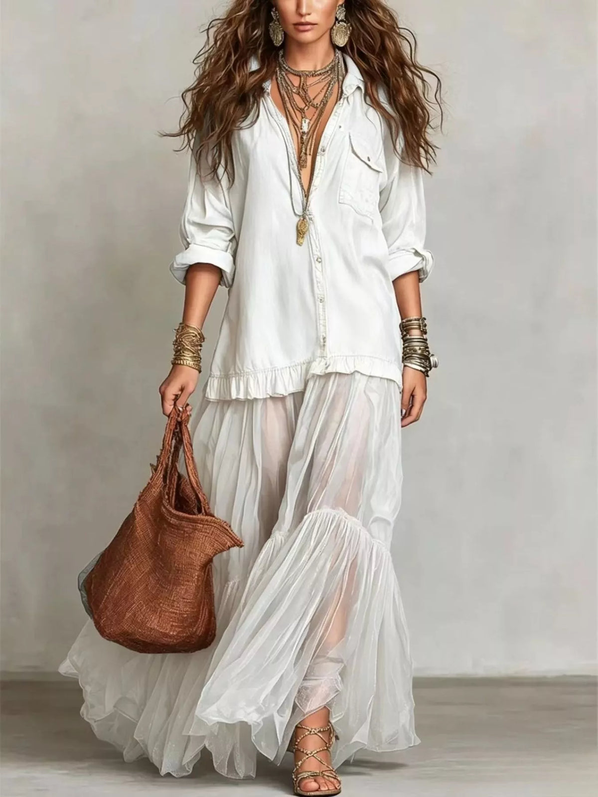 Long Sleeve Sheer Ruffle Maxi Dress in White