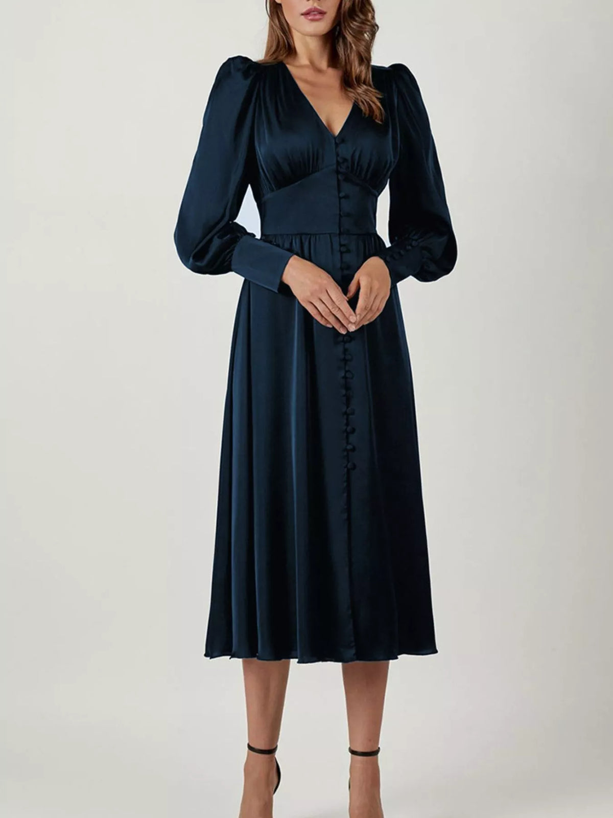 V-Neck Puff Sleeve Button-Down Midi Dress – photo 15