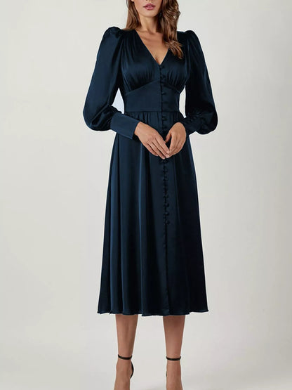 V-Neck Puff Sleeve Button-Down Midi Dress – photo 15