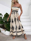 Smocked Printed Wide Leg Jumpsuit in Beige