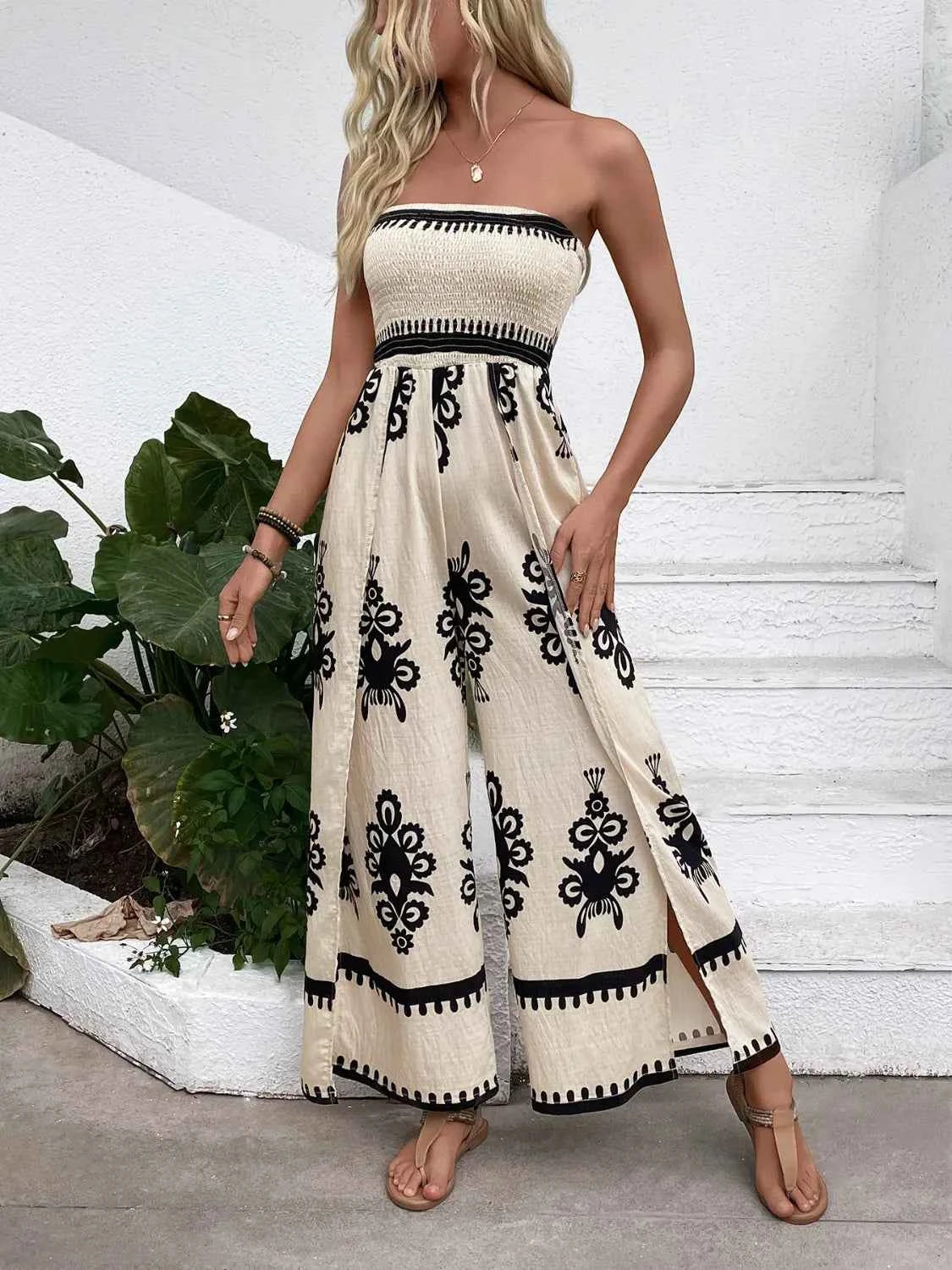 Smocked Printed Wide Leg Jumpsuit in Beige
