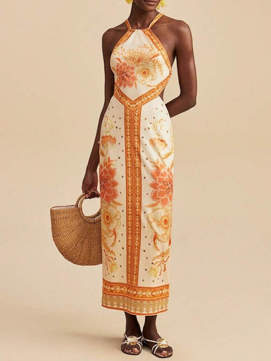 Floral Halter Neck Backless Maxi Dress with Tie in Yellow